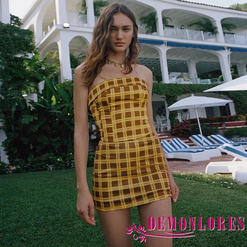 DEMQ-Women Two-piece Skirt Suit Yellow Plaid Print Bodycon Tube Tops and Elastic Waist Wrap Skirt