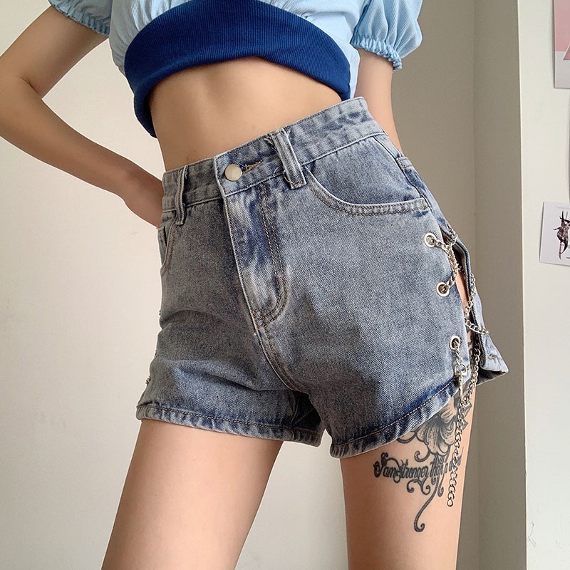 Quần Short Denim Dáng Chữ A Ống Rộng Lưng Cao Xẻ Tà Phối Dây Xích Thời Trang Dành Cho Nữ Plus Size 8301