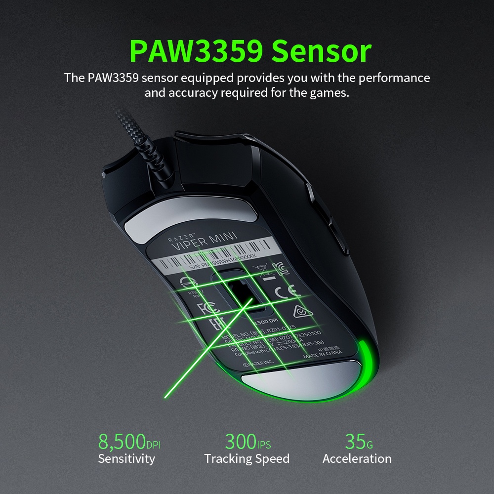 Chuột chơi game Razer Viper mini có đèn cảm biến RGB ở đuôi CHROMA 8500 DPI RGB siêu nhẹ 61g
