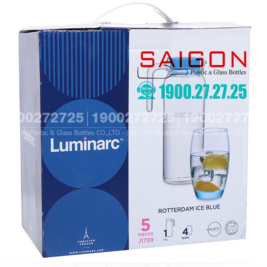 Bộ Bình Thủy Tinh Luminarc Rotterdam Ice Blue 5 Món J1799  ( 01 Bình 1.1Lít + 04 Ly 350ml )