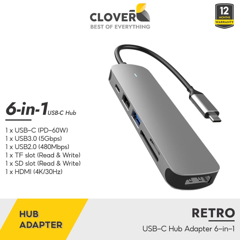 Hub Chuyển Đổi Type C 6 in 1 RETRO Hỗ Trợ Xuất Hình 4K30Hz Đọc Thẻ Nhở Cổng USB 3.0 Tốc Độ Cao Tốc Độ Ổn Định Không Nóng