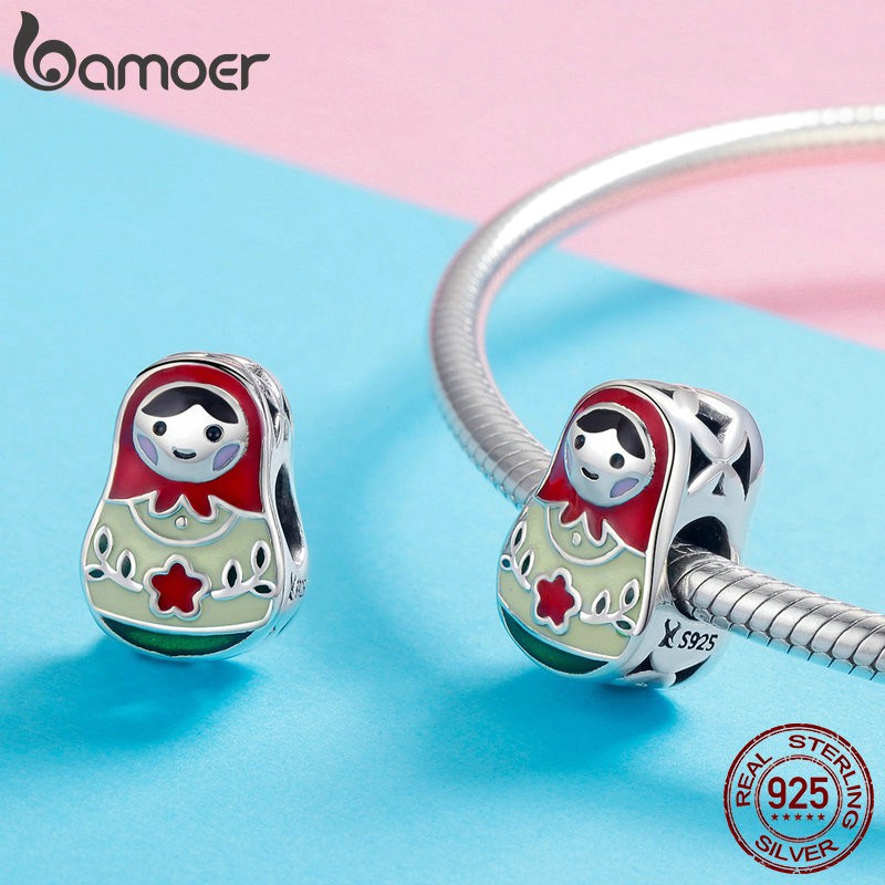 Phụ Kiện Hạt Trang Sức Bamoer Bạc S925 Tráng Men Hình Búp Bê Nga Matryoshka Đáng Yêu