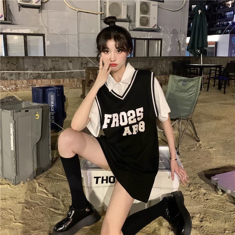 Áo COZOKC tay ngắn dáng rộng giả hai lớp thời trang