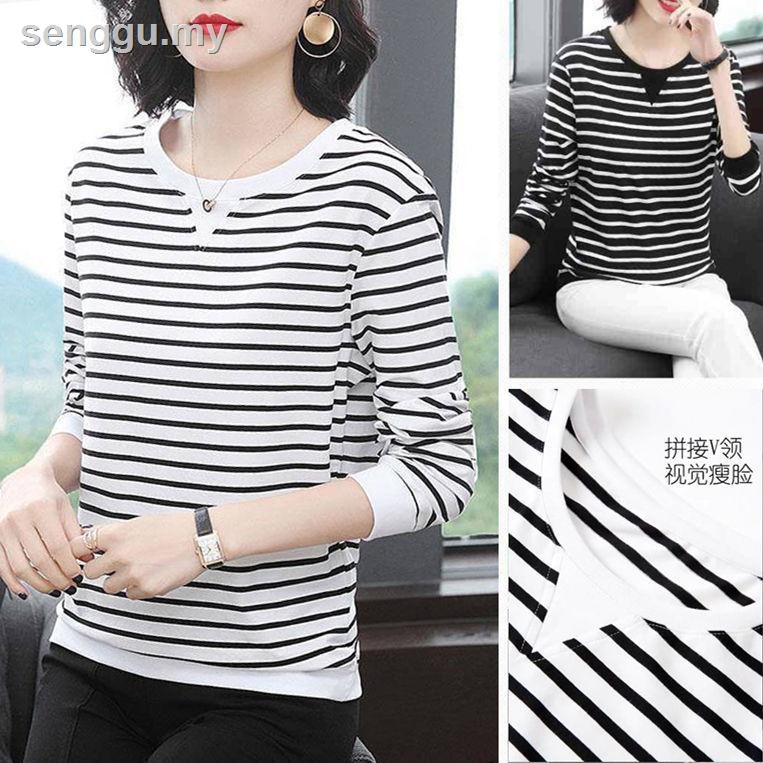 Áo Thun Tay Dài Họa Tiết Kẻ Sọc Plus Size S 200 40-50 Tuổi Phong Cách Phương Tây Thời Trang Xuân Thu Cho Nữ