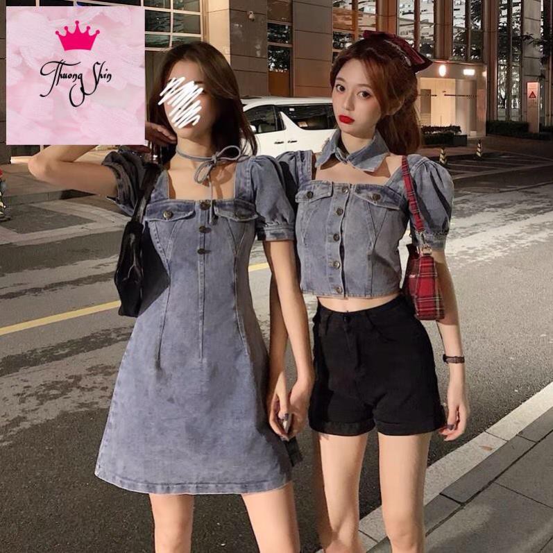Loại 1 Đầm Jean, Áo Jean Tay Lỡ Kèm Cổ Áo Và Dây Nơ Thắt Rời- FREESHIP