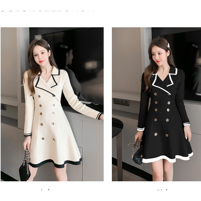 Đầm len cổ Vest dáng xòe dài tay nữ - Váy đen basic đơn giản cá tính HOT