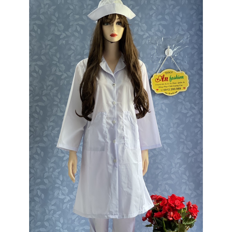 Áo Blouse Kate Nhật Trắng Điều Dưỡng, Áo Bác Sĩ, Dược Sĩ tay dài, dài gối _ Hình chụp thật