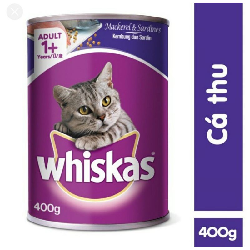 Pate whiskas 400g dạng lon có 3 vị gồm cá ngừ, cá biển và cá thu