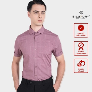 Áo sơ mi nam ngắn tay Biluxury kẻ caro màu hồng trẻ trung form chuẩn thanh lịch dễ kết hợp trang phục 4SMCC002HOG