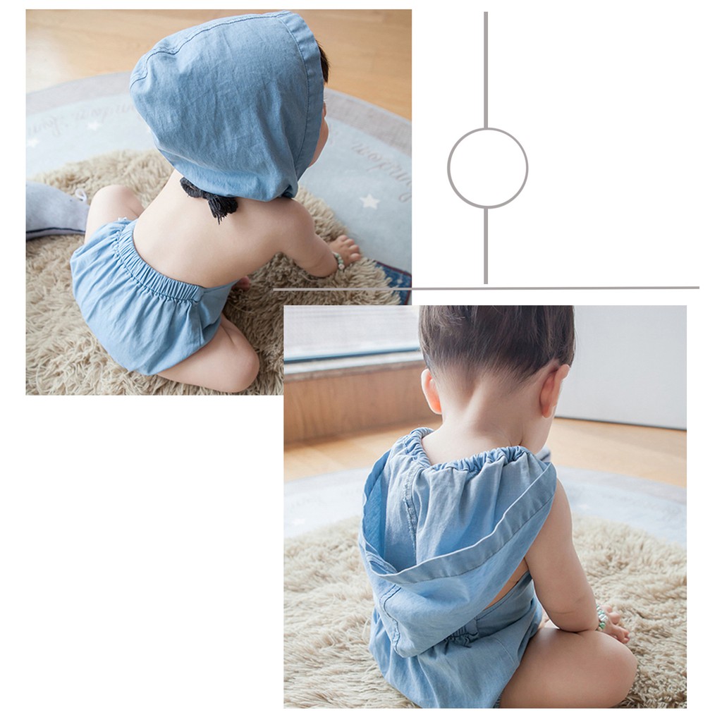 Áo Liền Quần Sanlutoz Denim Màu Xanh Dương Có Mũ Dễ Thương Thời Trang Mùa Hè Cho Bé