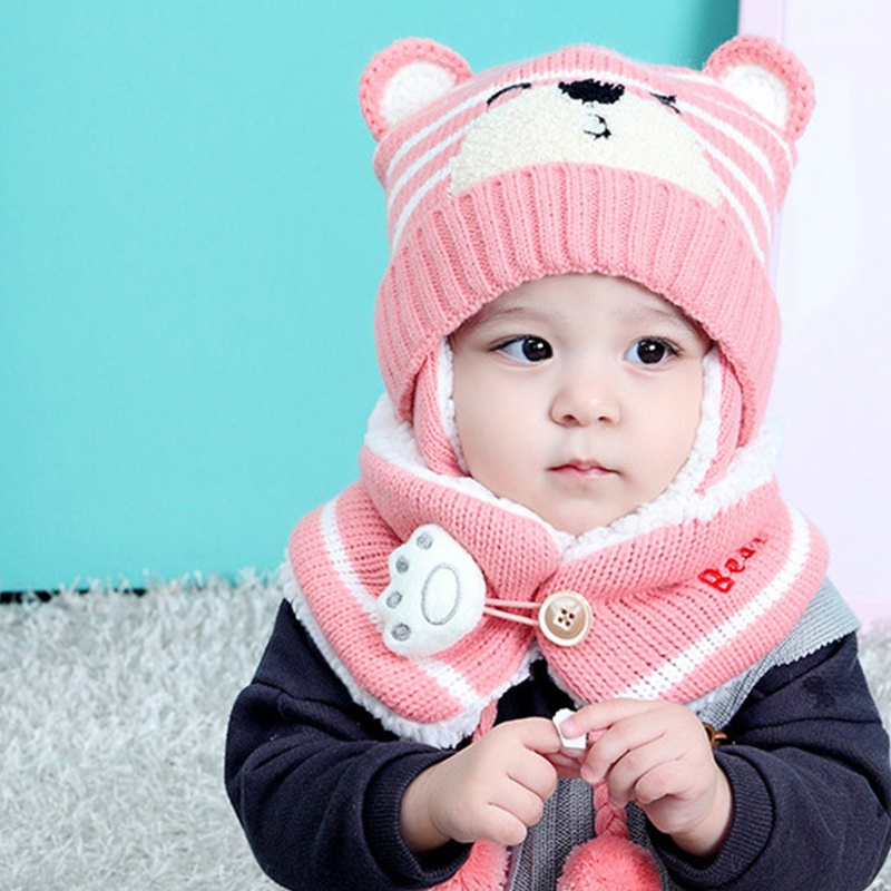 Bộ 2 Mũ beanie Dệt Kim Mềm Mại Giữ Ấm Mùa Đông In Hình Gấu Kèm Khăn Choàng Cổ Dành Cho Trẻ Em