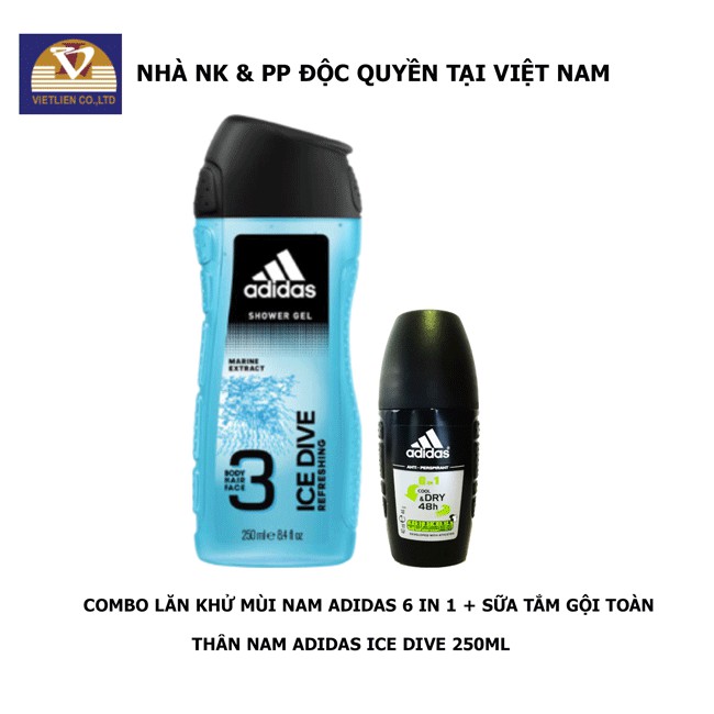 COMBO Lăn Khử Mùi Nam Ngăn Mồ Hôi Adidas 6 in 1 + Sữa Tắm Gội Toàn Thân Nam Adidas Ice Dive 250ml