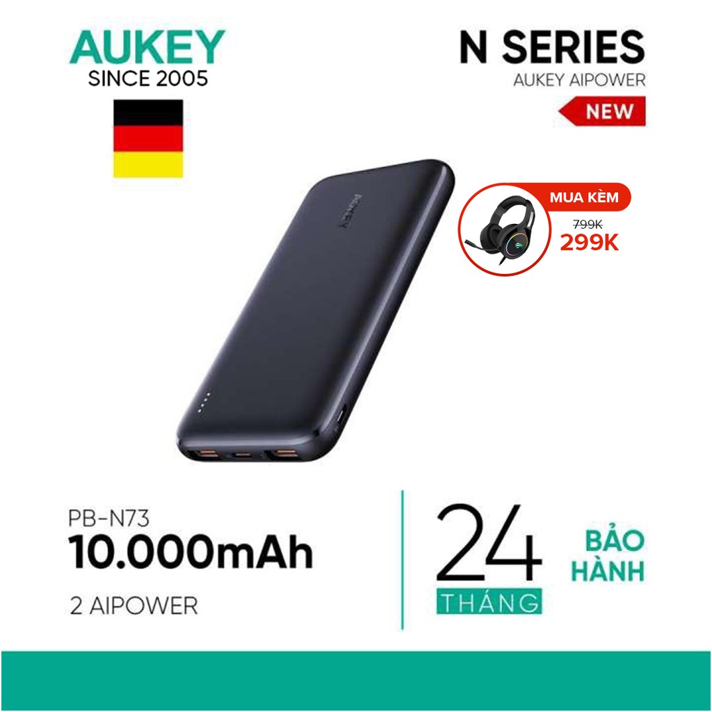 Pin Siêu Mỏng 10.000 mAh Aukey PB-N73 1 Cổng Sạc Nhanh Type C 15W, 2 Cổng USB-A