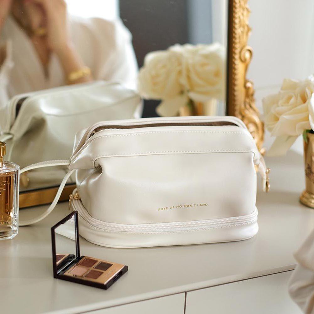 OCEANMAP Túi Đựng Mỹ Phẩm Da PU Hai Lớp In Chữ Phong Cách Hàn Quốc