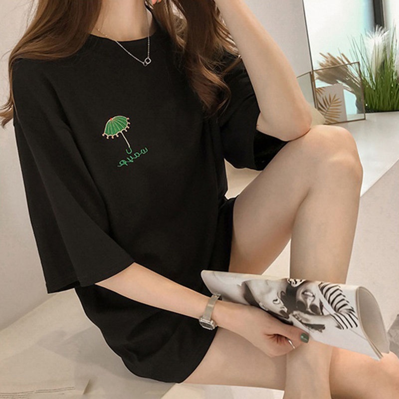 IELGY   Áo Thun Dài Vừa Thêu Họa Tiết Thời Trang Hàn Quốc Cho Nữ