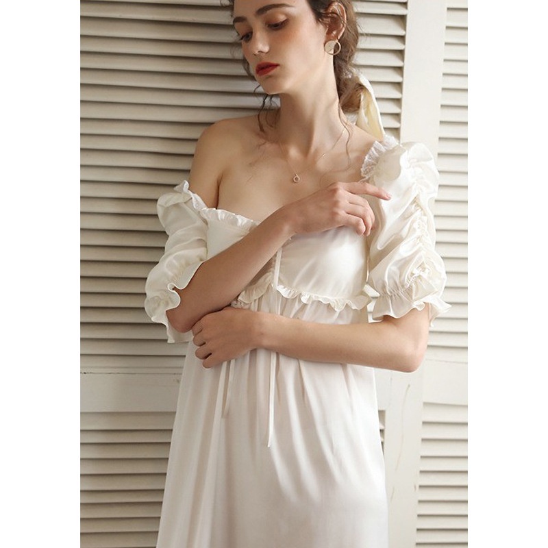 Váy vintage tiểu thư dáng dài, Đầm trắng tiểu thư, chất lụa
