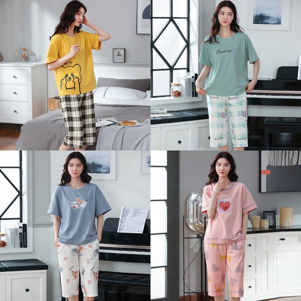 Bộ cotton mặc nhà Quảng Châu cao cấp cộc tay quần lửng co giãn 4 chiều màu sắc tươi sáng