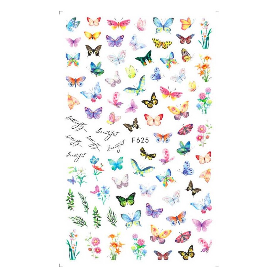 Nhãn dán trang trí móng tay in họa tiết bươm bướm/hoa hồng 3D nhiều màu sắc