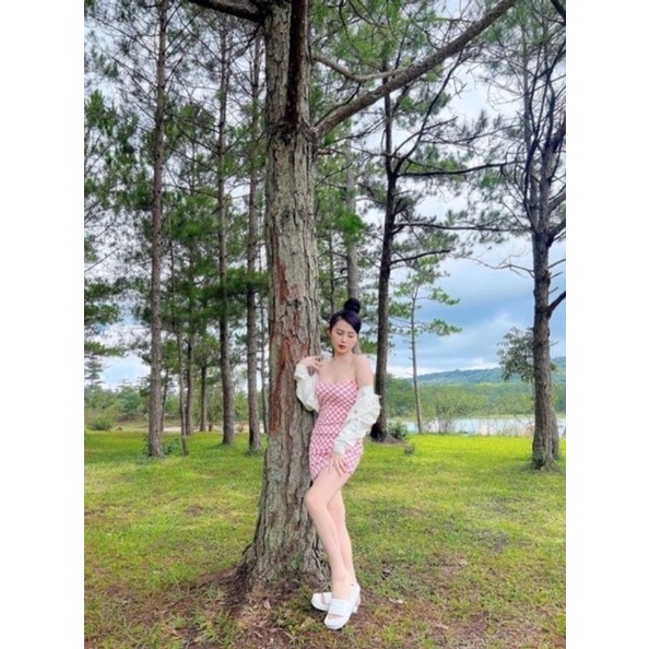 Đầm body 2 dây caro màu ô kẻ đẹp dáng cực chuẩn PC