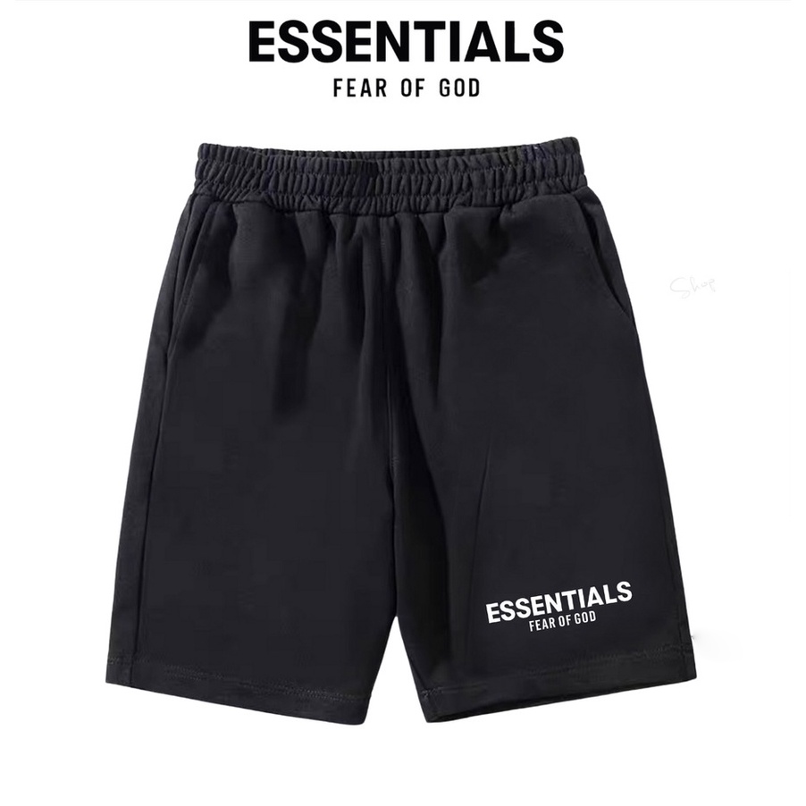 Quần Short ESSENTIALS Fear of God lưng thun Nam Nữ, chất vải Poly 2 da, quần shoft thể thao, lửng cộc ngắn đen f