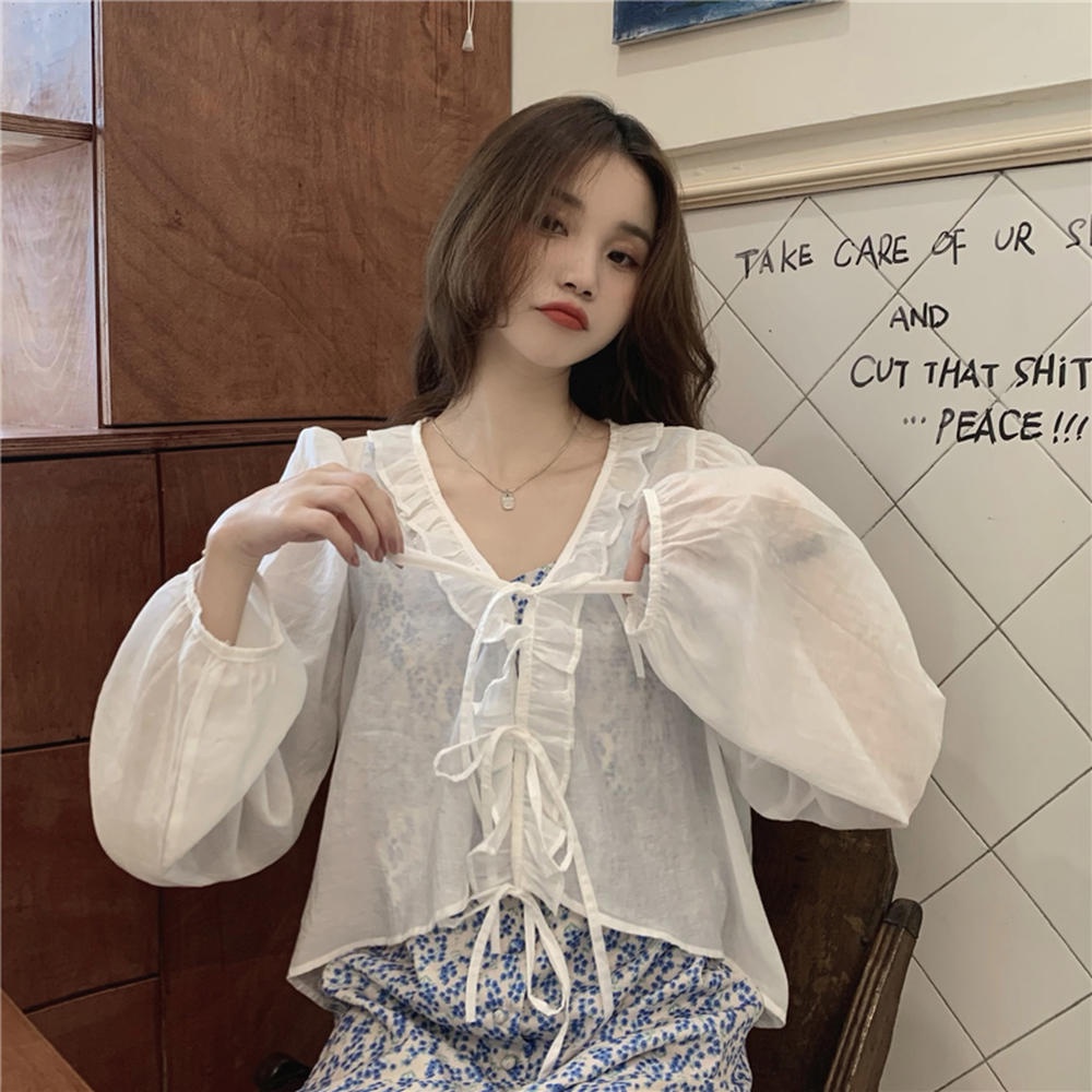 Áo Sơ Mi Tay Dài Cổ Lá Sen Cột Dây Màu Đen Thời Trang 50805