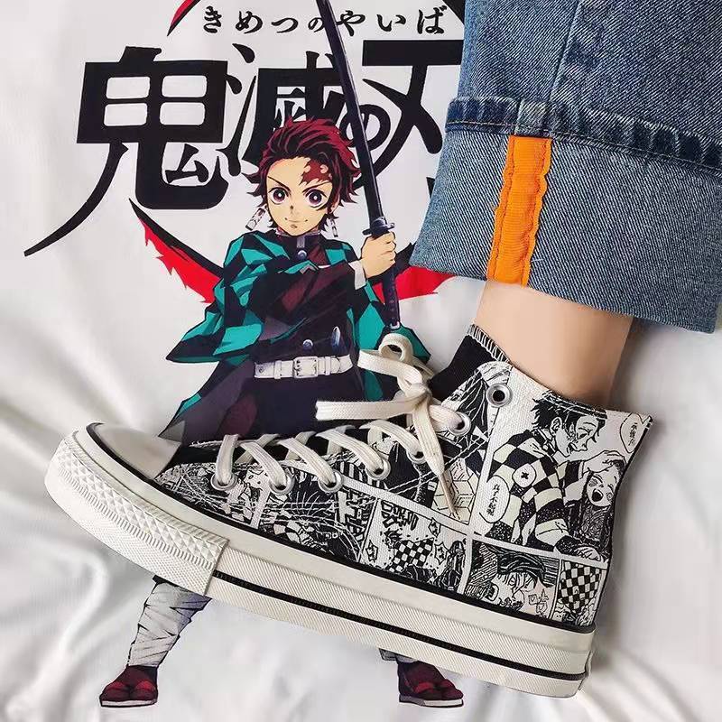 Giày thể thao canvas thoáng khí in họa tiết graffiti anime phong cách Hàn Quốc