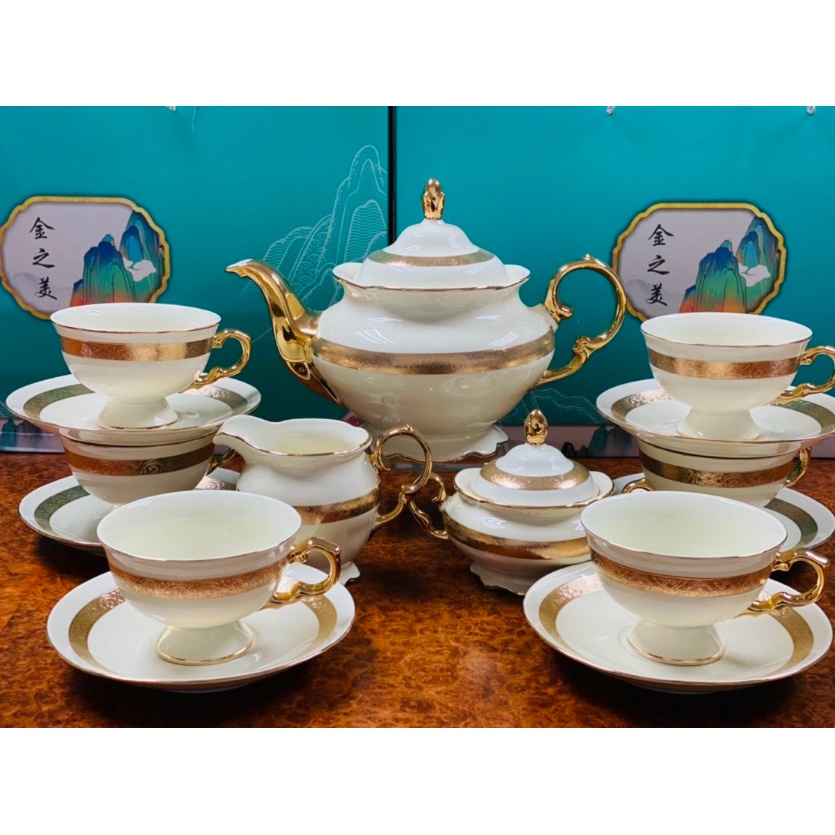 ấm chén cao cấp. Bộ Ấm Chén Mạ Vàng Cao Cấp Kèm Hộp Quà Tặng Vali. Bộ tách pha trà cao cấp