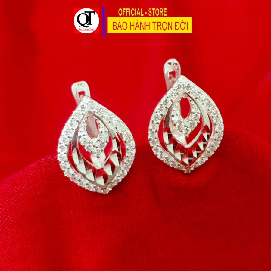 Bông tai nữ bạc 925 khóa bất đeo sát tai bề mặt phay sáng bóng gắn đá cao cấp trang sức Bạc Quang Thản - QTBT96