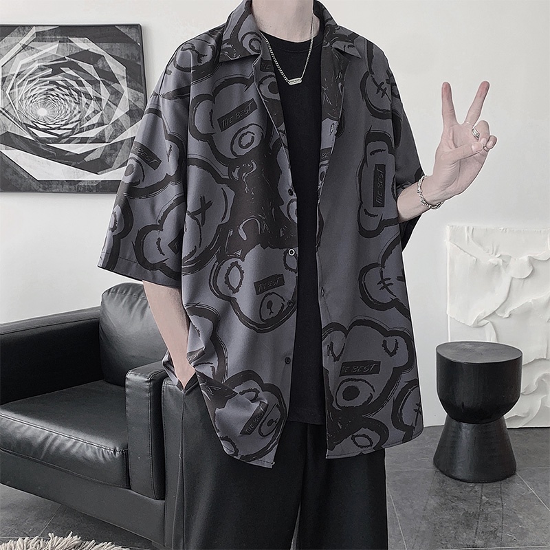 Áo Sơ Mi Cotton Tay Ngắn Dáng Rộng In Hình Gấu Thời Trang Phong Cách Hip Hop Hàn Quốc Cho Nam Size M-3Xl 3 Màu Tùy Chọn | BigBuy360 - bigbuy360.vn