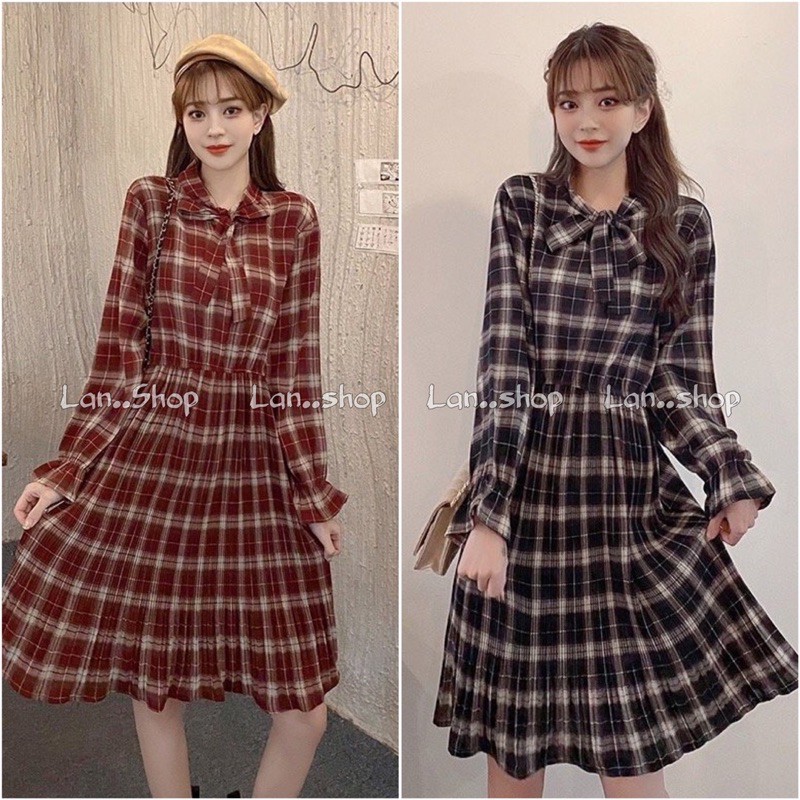 Váy Kẻ Cổ Nơ Ulzzang, Đầm Kẻ Caro Nữ Siêu Xinh
