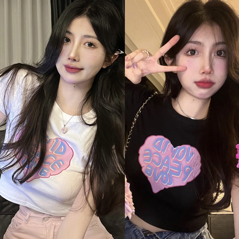 Áo Thun Crop Top Màu Trơn In Họa Tiết Trái Tim Và Chữ brroa Thập Niên 80 Phong Cách Vintage Dành Cho Nữ