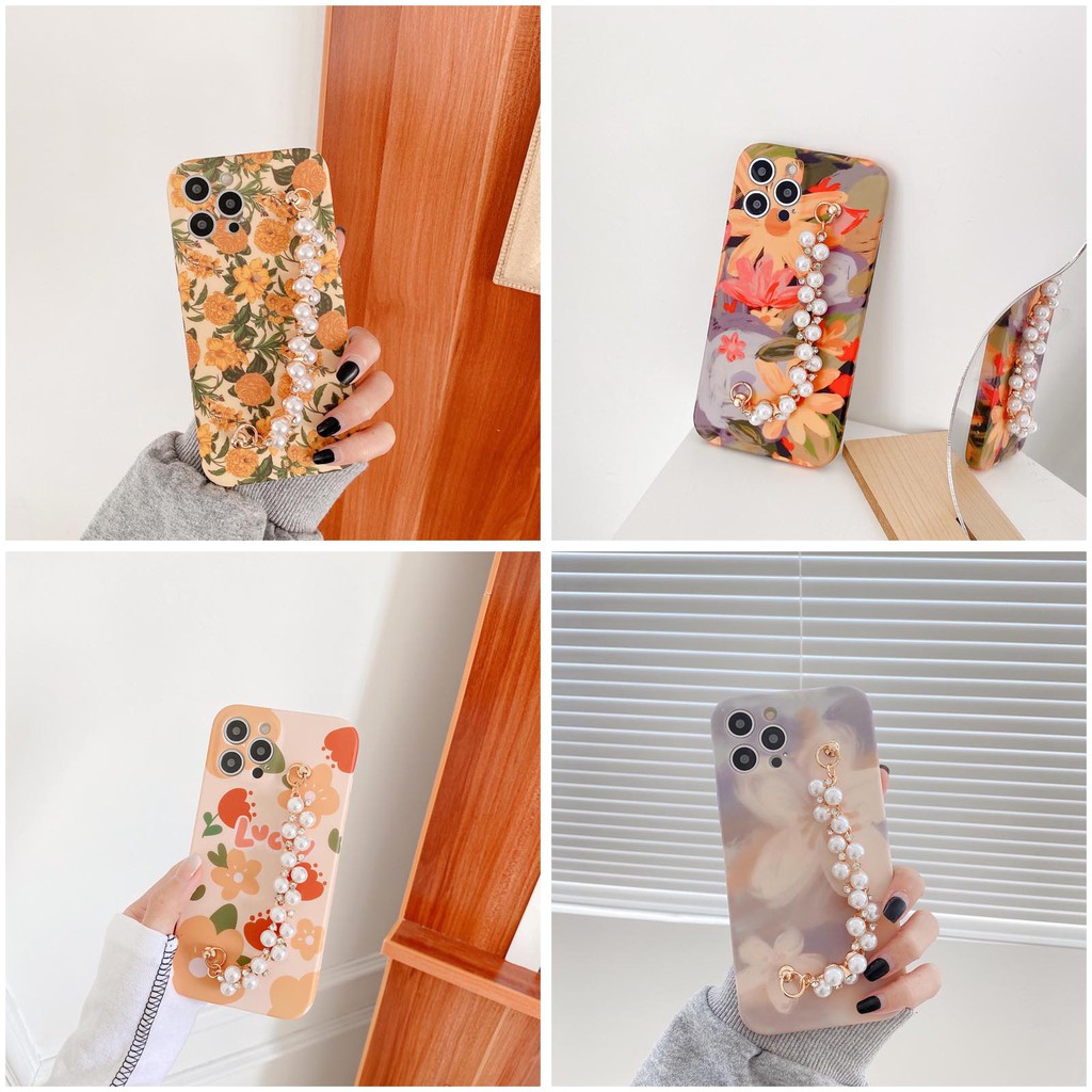 3D Luxury Fashion Pearl Sasanqua Flower wrist bracelet Phone Case For iPhone 12 11 Pro X XR XS Max 7 8 Plus Soft silicone cover for se 2020