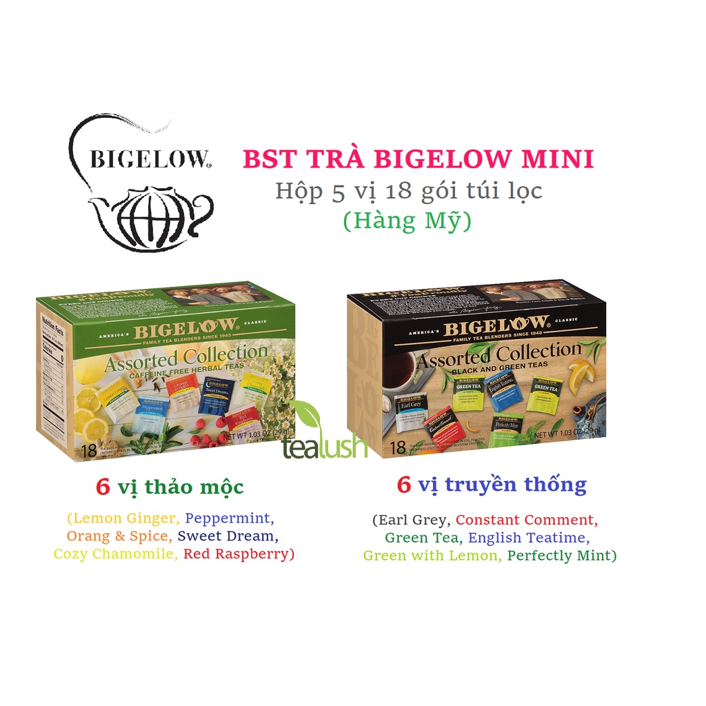 Hộp 6 vị trà túi lọc Bigelow (hàng Mỹ) vị thảo mộc hoặc truyền thống 18 gói