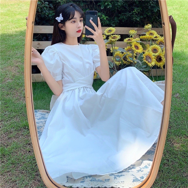 Váy trắng tiểu thư Ullzang dáng dài thắt nơ/ Váy du lịch | BigBuy360 - bigbuy360.vn