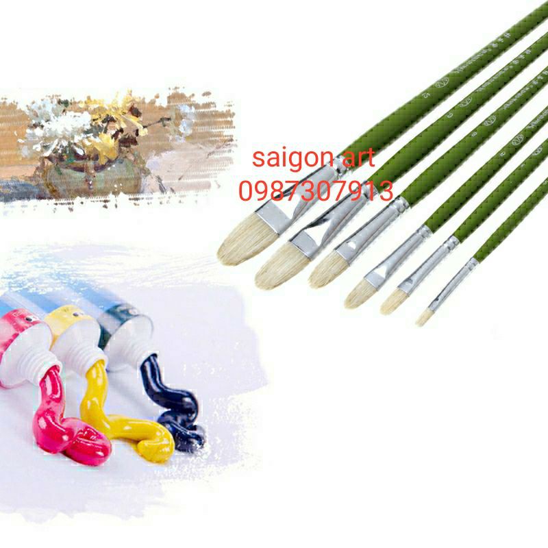 BỘ 6 CỌ VẼ TRANH ĐẦU OVAL LÔNG LỢN, VẼ TRANH SƠN DẦU, ACRYLIC,