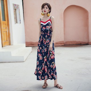 Váy maxi dài , cổ chữ V , họa tiết hoa , phong cách Bohemian dành cho nữ