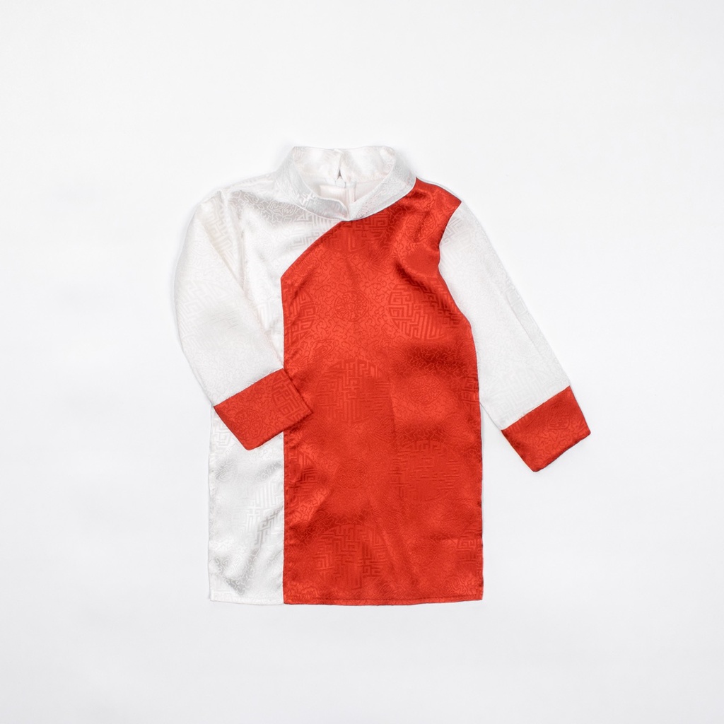 Áo dài Tết Obeah màu đỏ, vàng chất liệu gấm Fullsize từ 66 đến 90 cho bé trai từ 3 đến 24 tháng