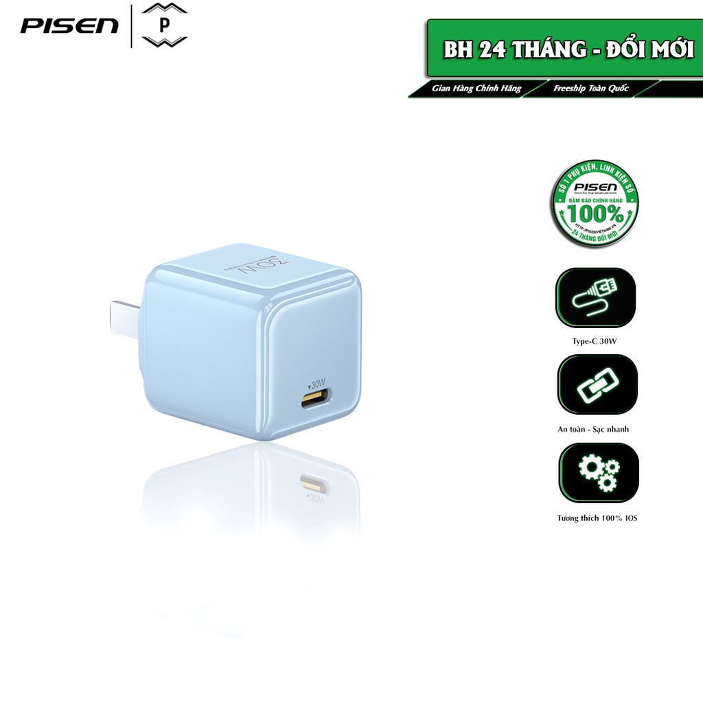 Sạc PISEN Quick GaN Ice Crystal 30W Rainbow, công suất sạc 30W, siêu nhỏ, sạc nhanh siêu mát, bảo hành 24 tháng