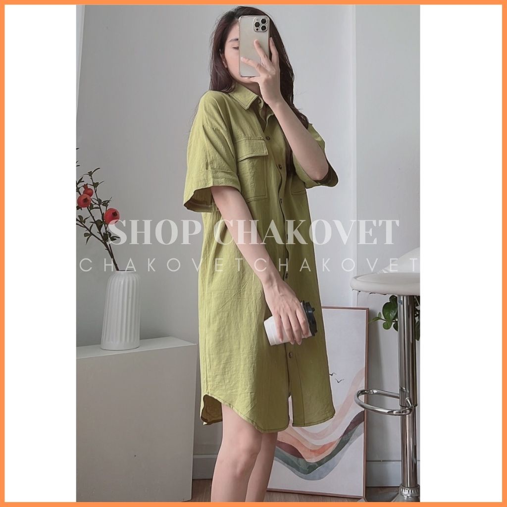 Váy sơ mi nữ dáng ulzzang cộc tay 2 túi V.8292 kiểu đầm vintage dáng suông trơn cúc gỗ viền chỉ nổi cực xinh đẹp