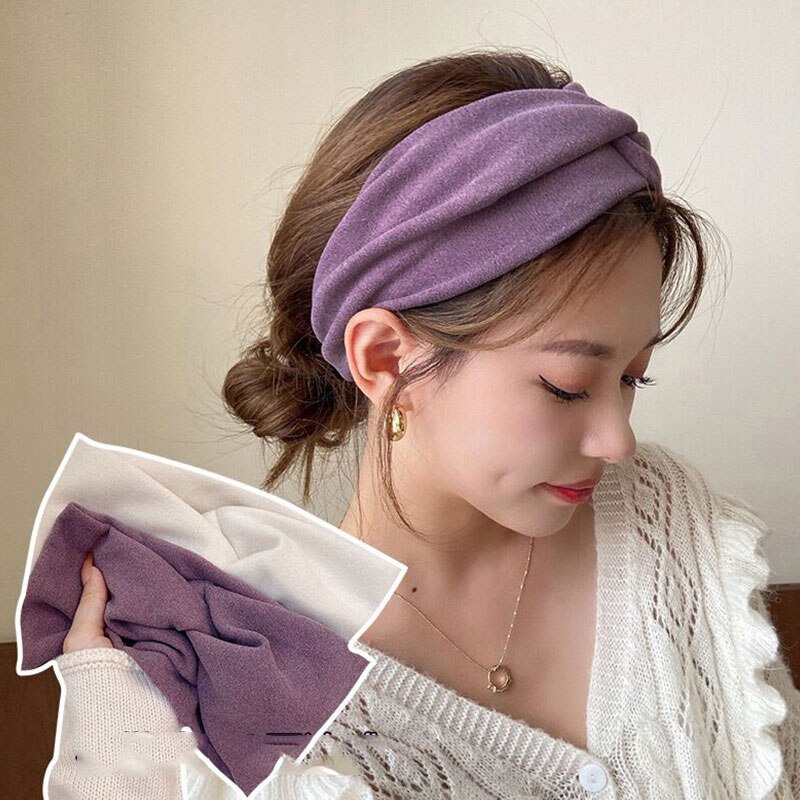 Băng đô rửa mặt bản rộng đan chéo giữ ấm mùa thu đông phong cách retro cho nữ