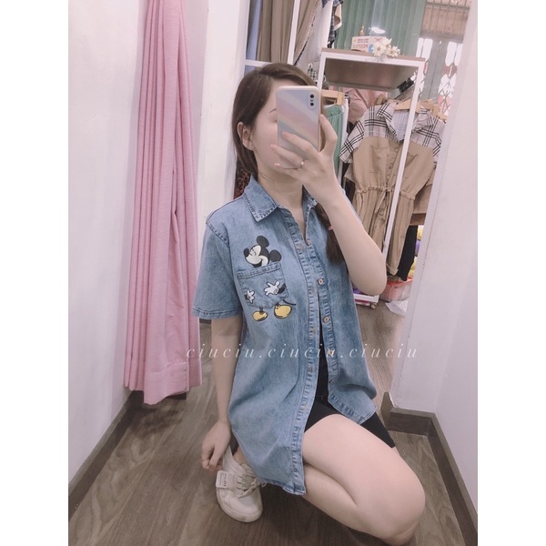 Áo Sơ Mi Bò Mickey Tay Ngắn Vạt Bầu Form Rộng Full Size (Kèm Ảnh +Video)