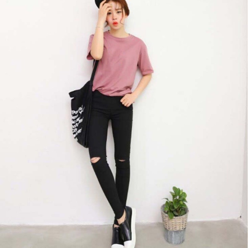 Quần legging phối rách màu trơn thời trang cho nữ