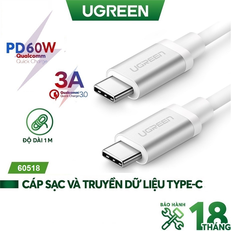 Dây cáp sạc và cáp truyền dữ liệu USB Type C 2 đầu chính hãng Ugreen 60518 dài 1M hỗ trợ sạc nhanh PD 60W, QC3.0, 3A