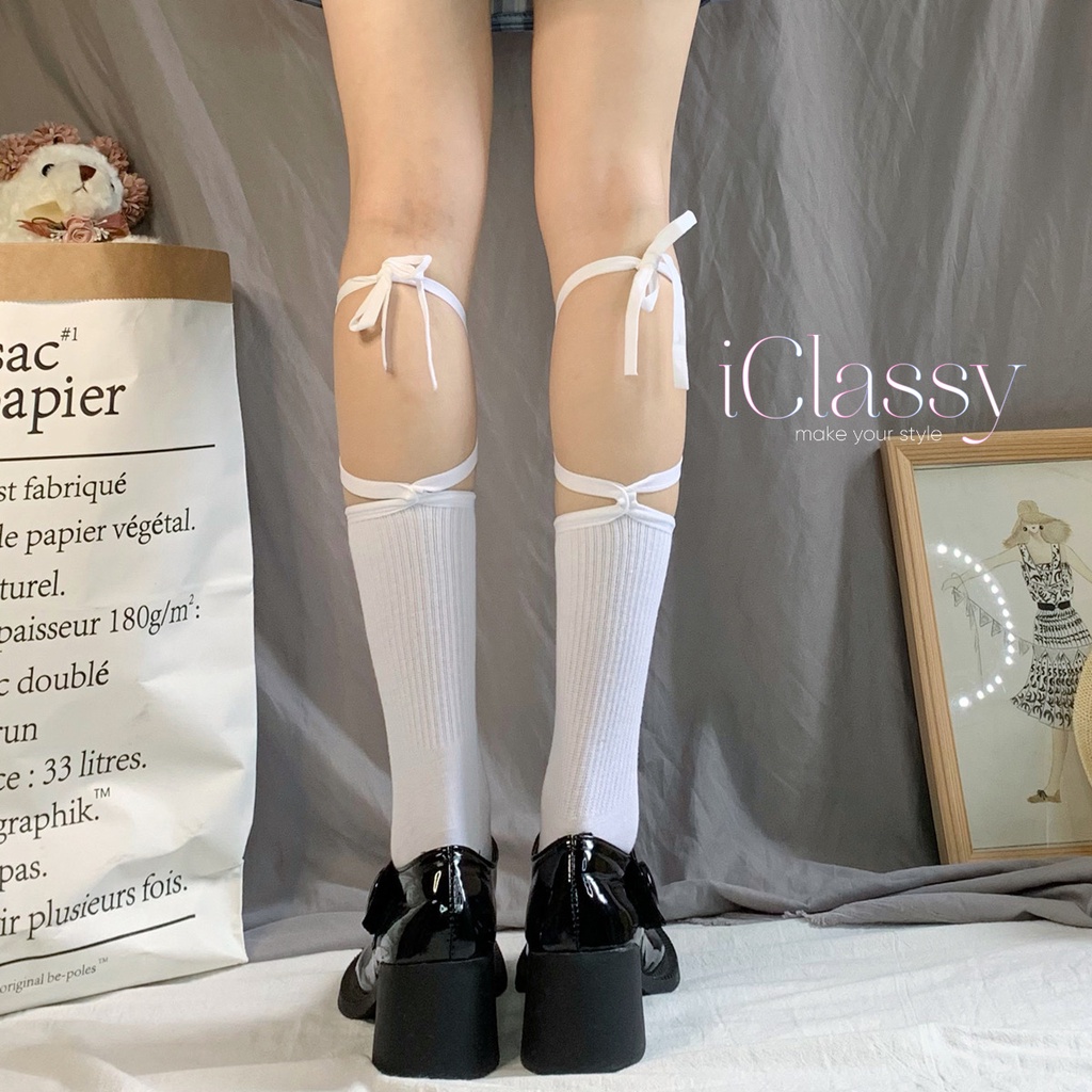 Tất Lolita Dáng Cao Trơn Cột Dây Chéo - Co Giãn 4 Chiều Ulzzang Vintage Phong Cách Hàn Quốc - Iclassy_Shoes