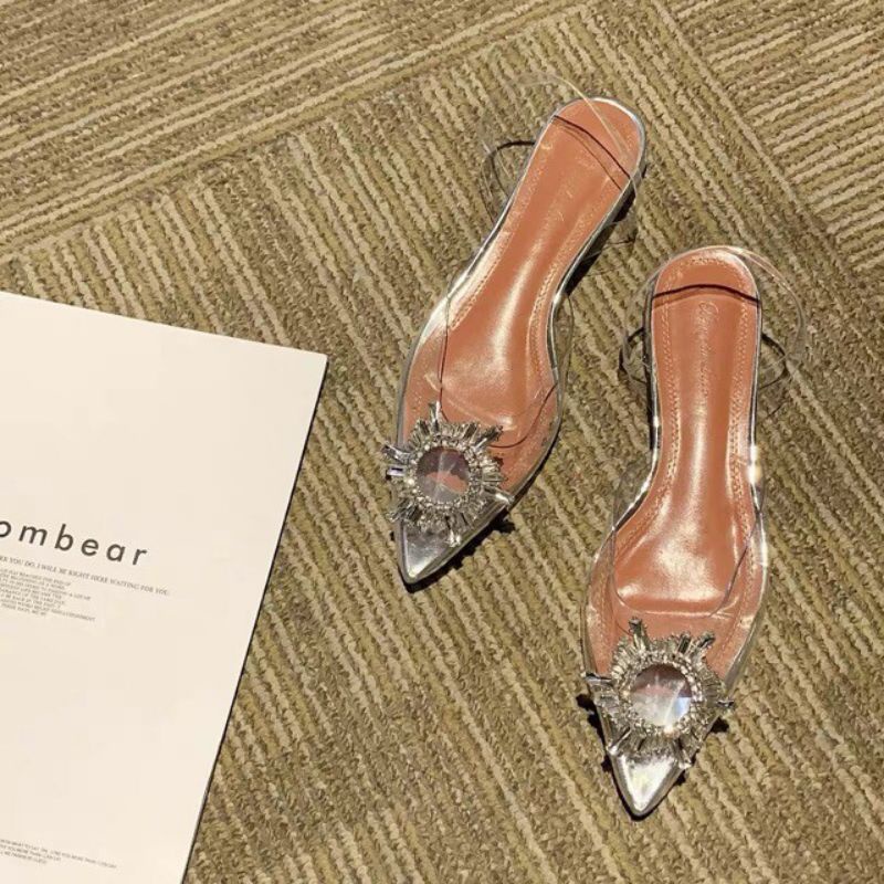Giày cao gót bệt AMINA MUAD.DI xuất xịn trong suốt tag đá bạc tròn lấp lánh gót vuông 2cm size 35 36 37