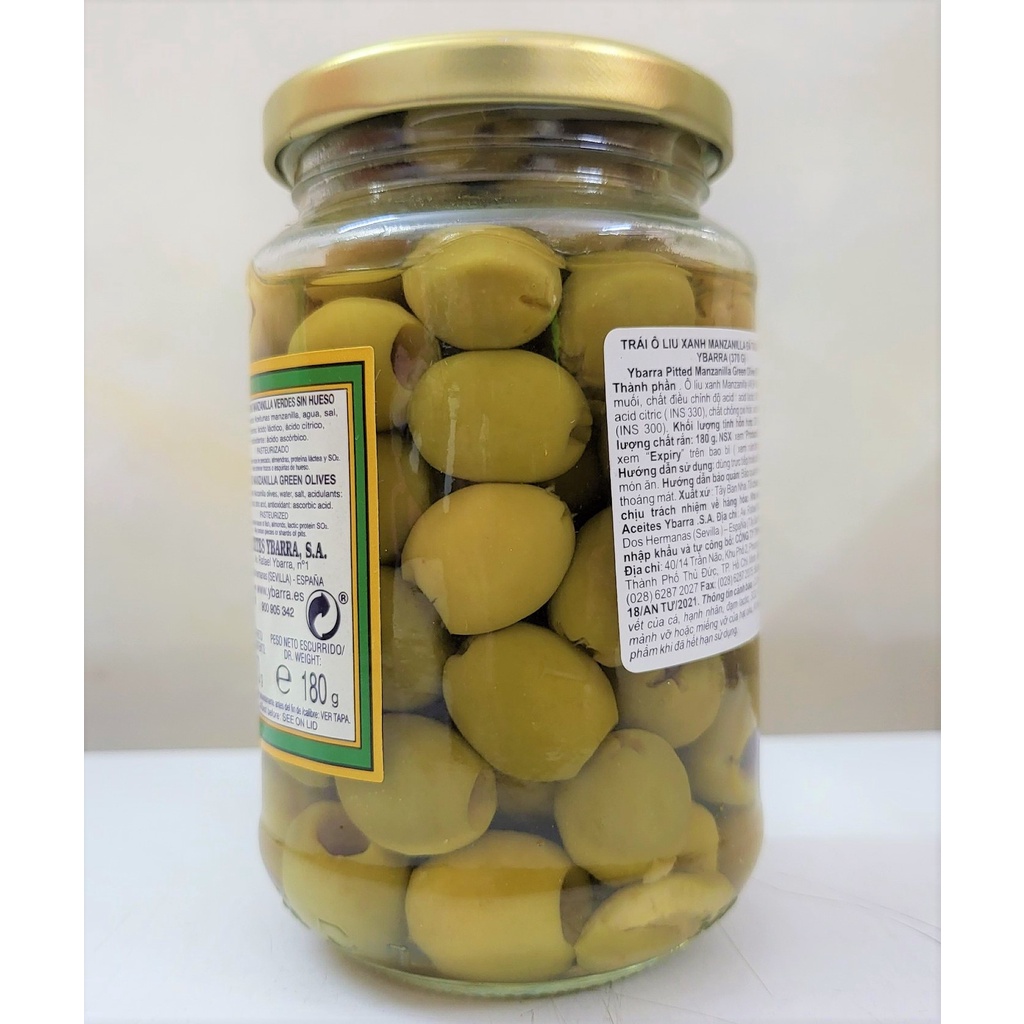 [Lọ 370g] QUẢ Ô LIU XANH MANZANILLA TÁCH HẠT [Spain] YBARRA Pitted Manzanilla Green Olives (atu-hk)