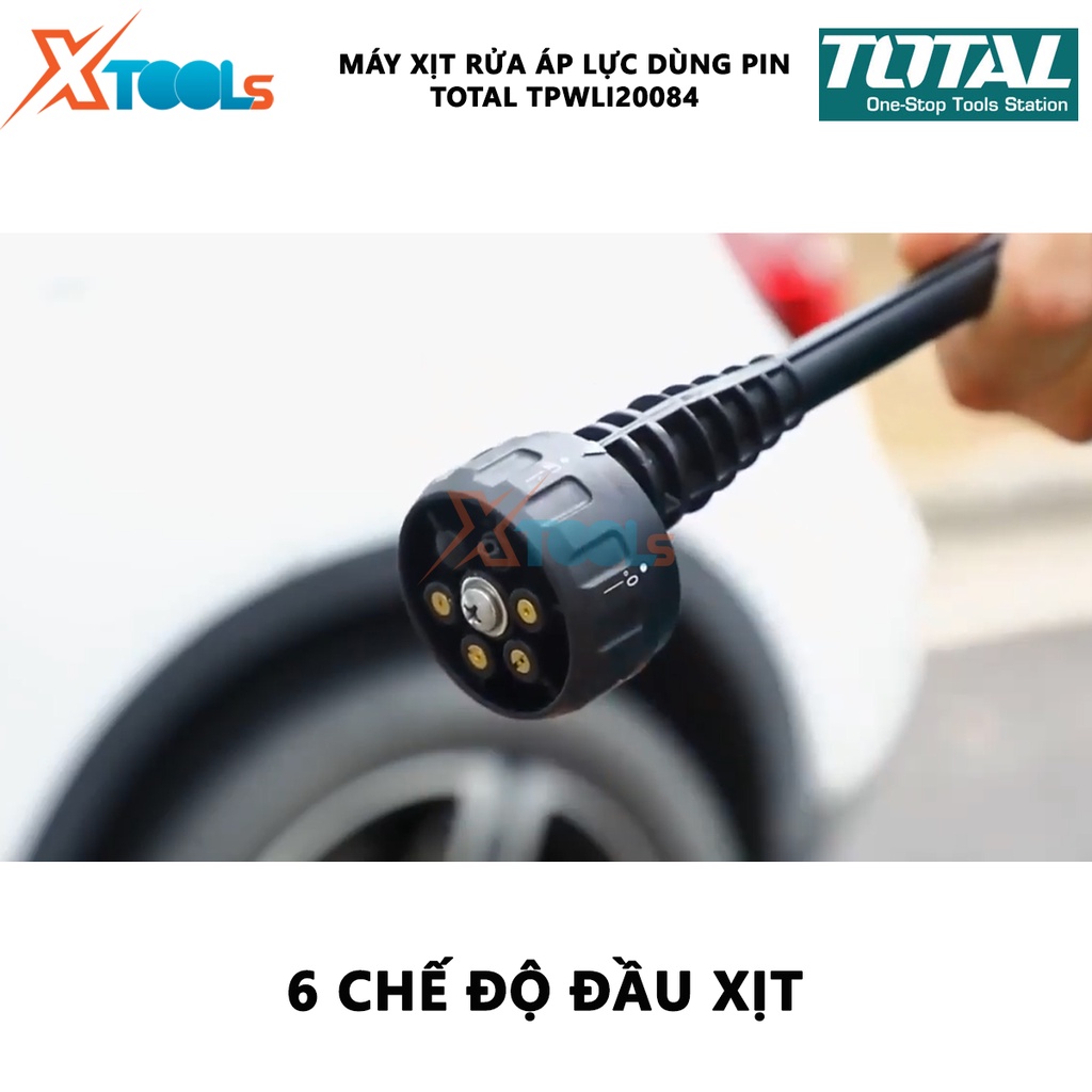 Máy xịt rửa xe cầm tay TOTAL TPWLI20084 Máy xịt rửa áp lực dùng pin Điện thế 20V Áp suất t 24.8 Bar Lưu lượng nước 2.2L/