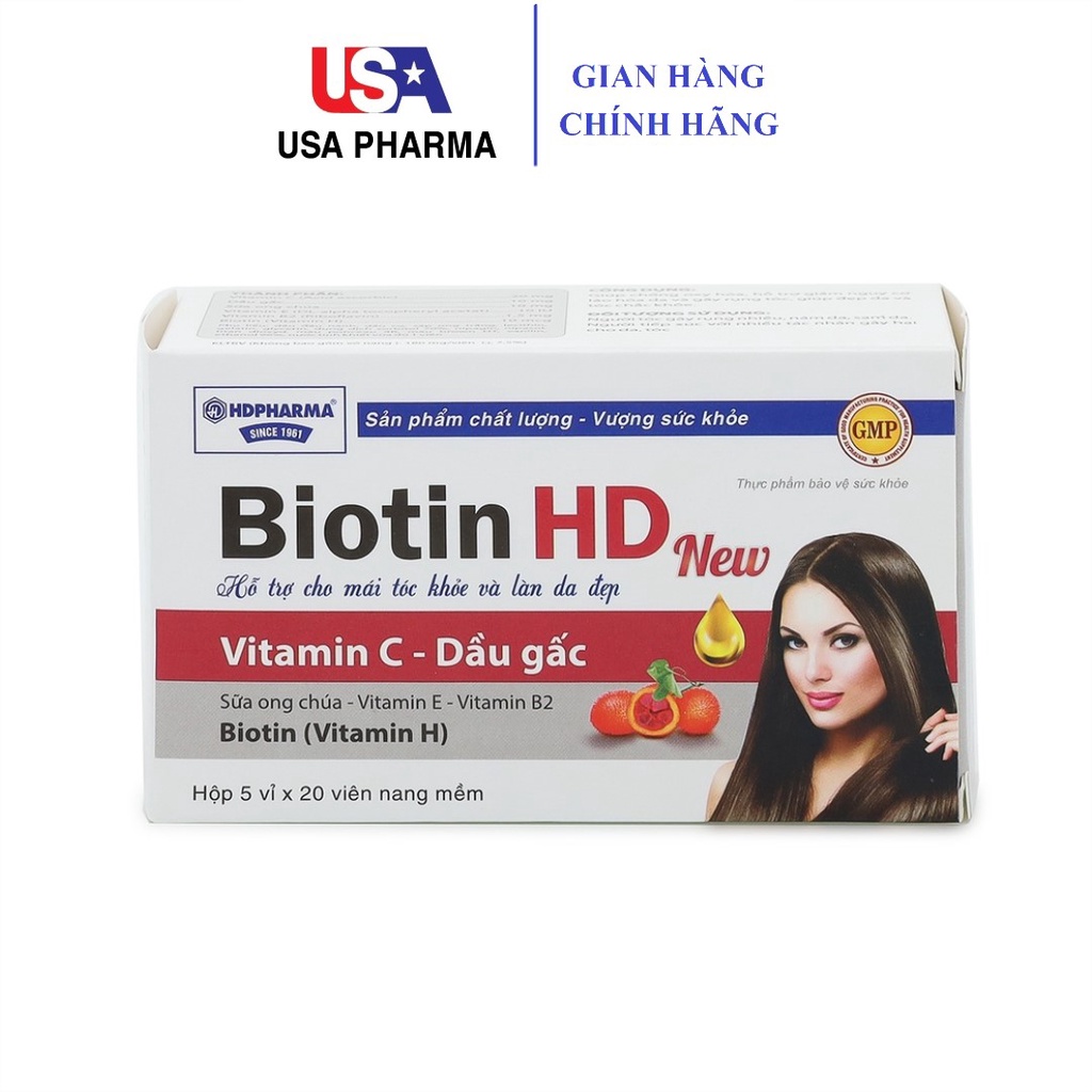 Biotin HD New, Vitamin C, B, dầu gấc, sữa óng chúa giúp đẹp sáng da, giảm rụng tóc - 100 viên
