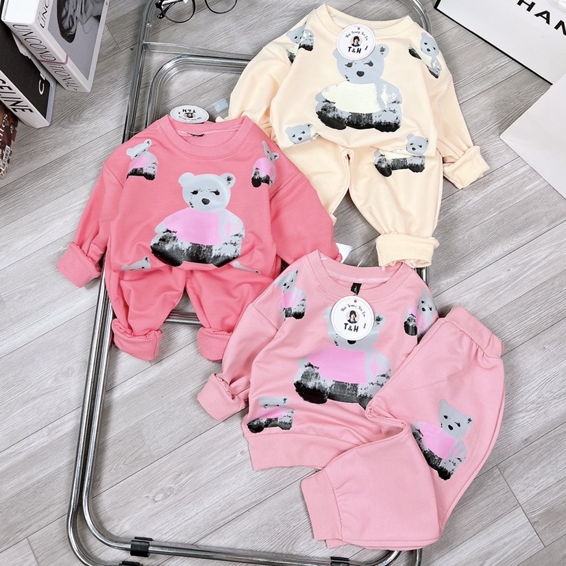 Đồ bộ bé gái, Set quần áo dài tay thun nỉ hình gấu dễ thương gồm áo sweater và quần jogger cho bé từ 7-18 kg, DUCK399