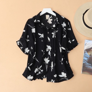 Áo sơ mi tơ linen kachisa màu đen họa tiết